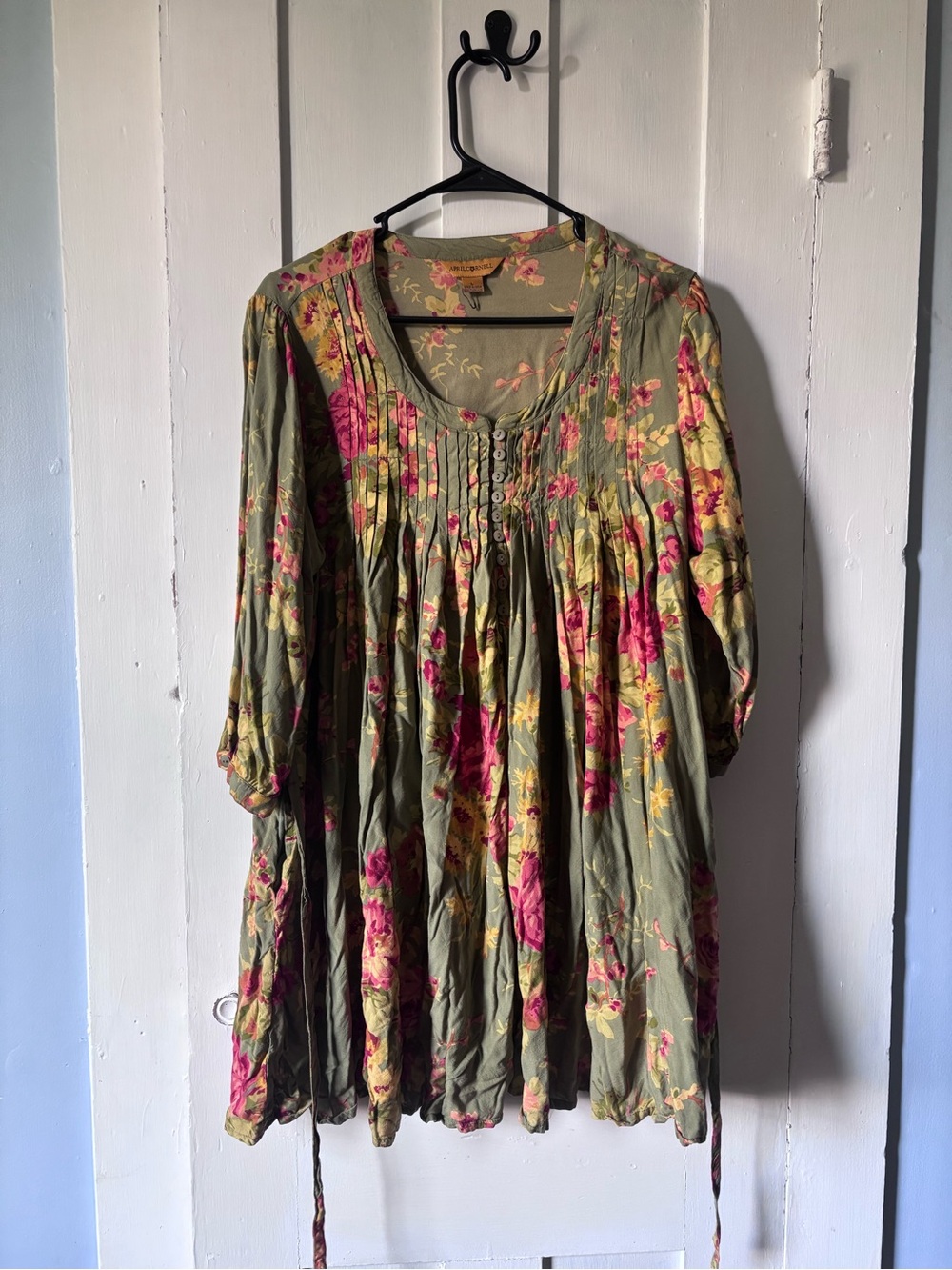 April Cornell Olive Green Floral Pintuck Tunic with Pink & Yellow Blooms